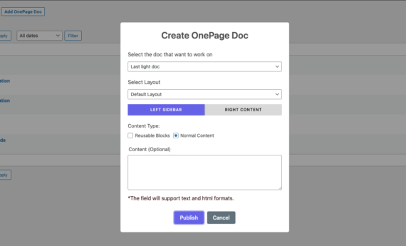 OnePage Doc in admin area