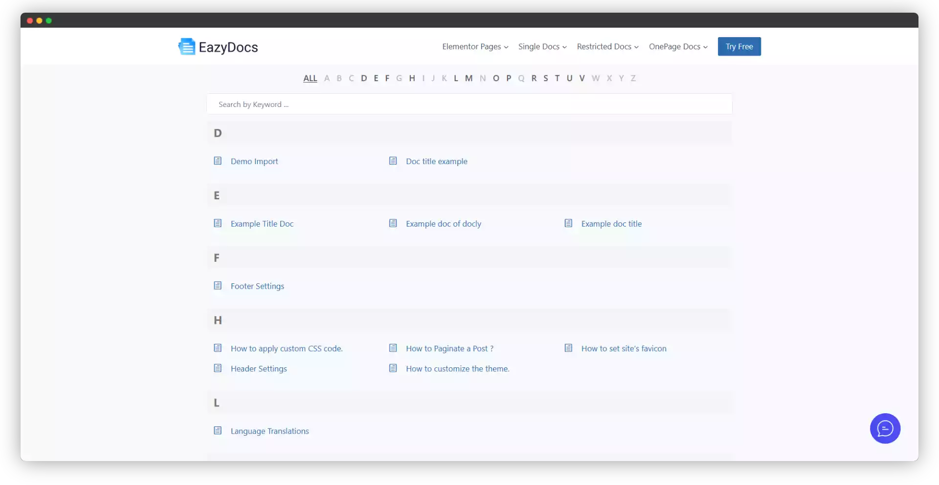 EazyDocs Glossary Doc Layout with Elementor Widget