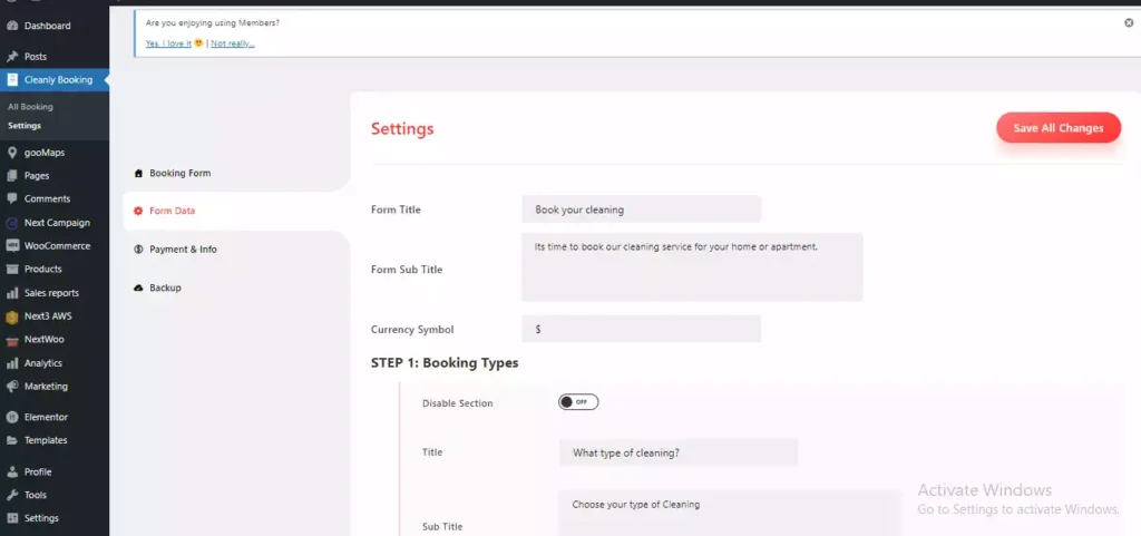 Cleanly Form Configuration Panel for WordPress Website Form