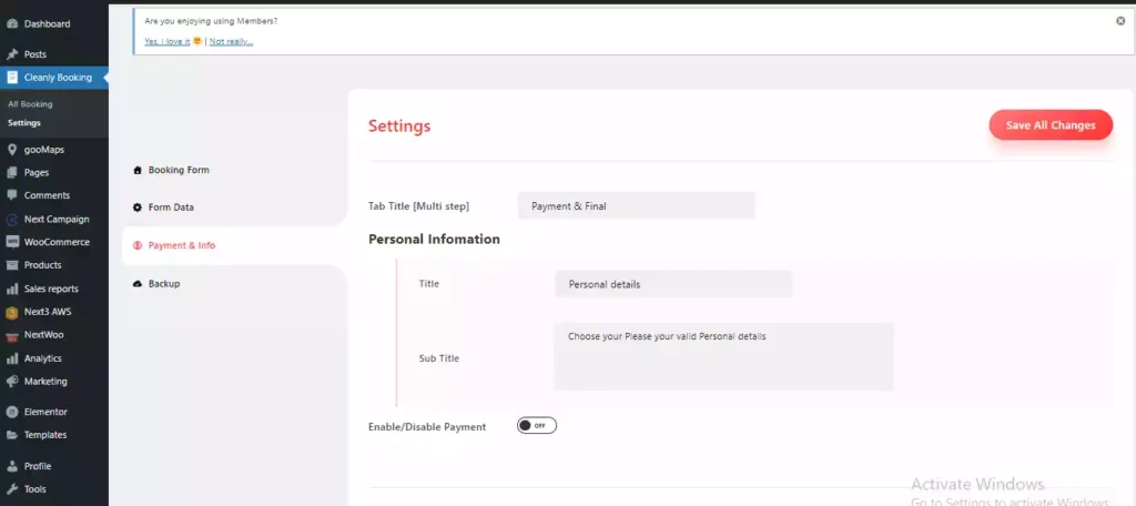 Cleanly Payment Information Panel