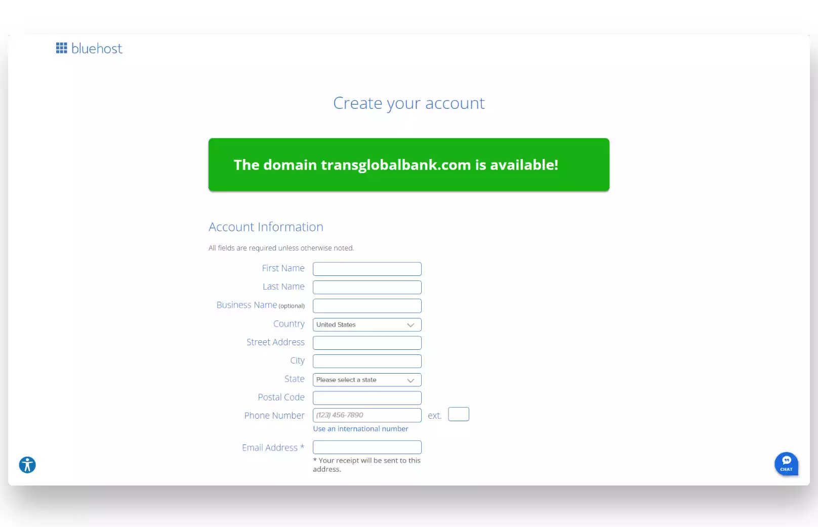 Bluehost account registration